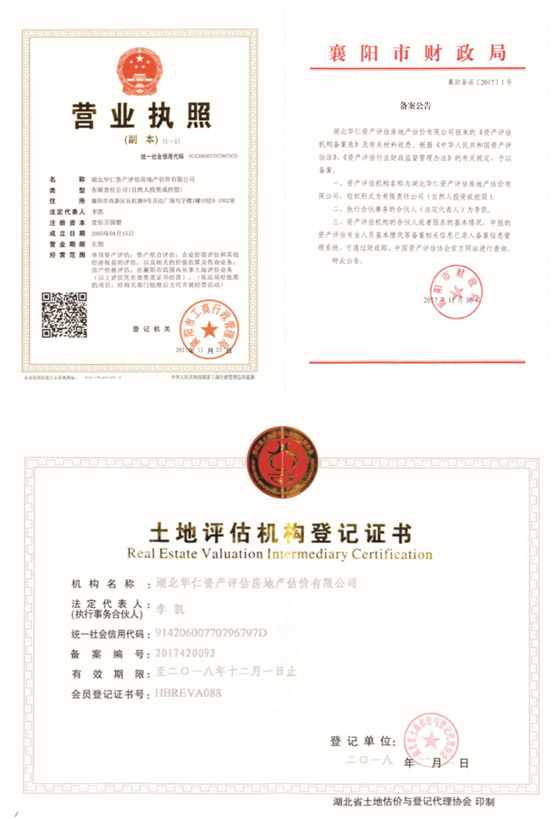 華仁資產(chǎn)評估房地產(chǎn)估價有限公司營業(yè)執(zhí)照、資產(chǎn)評估備案公告、土地評估機構(gòu)登記證書.jpg