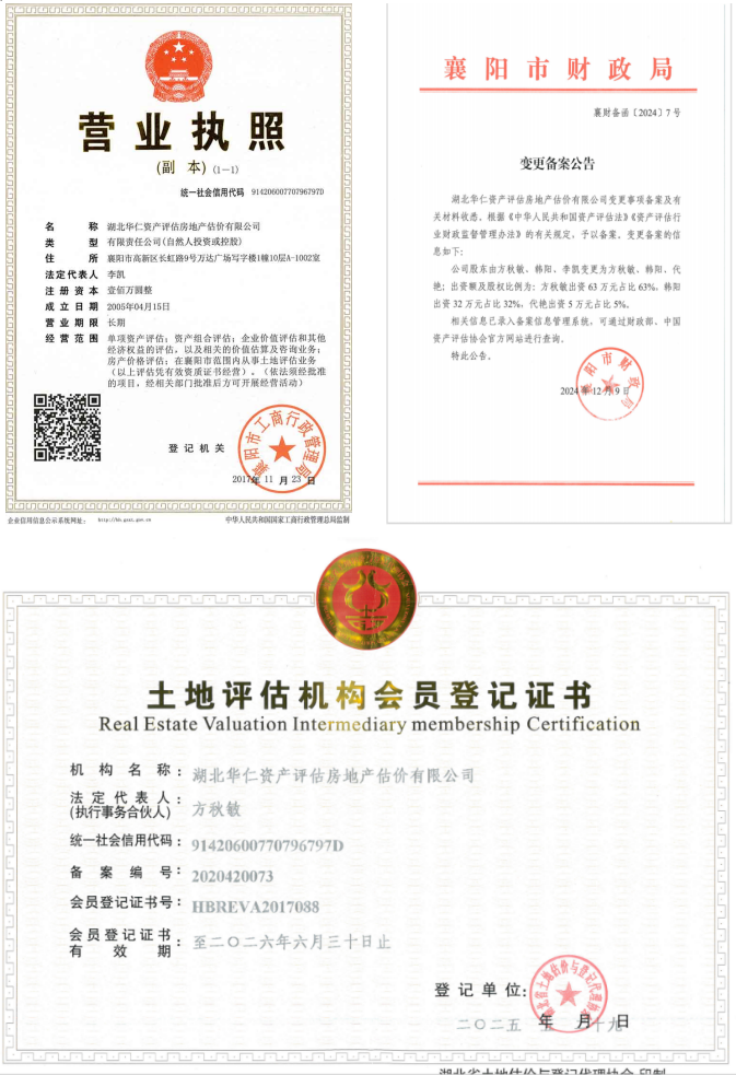 華仁資產(chǎn)評估房地產(chǎn)估價(jià)有限公司營業(yè)執(zhí)照、資產(chǎn)評估備案公告、土地評估機(jī)構(gòu)登記證書